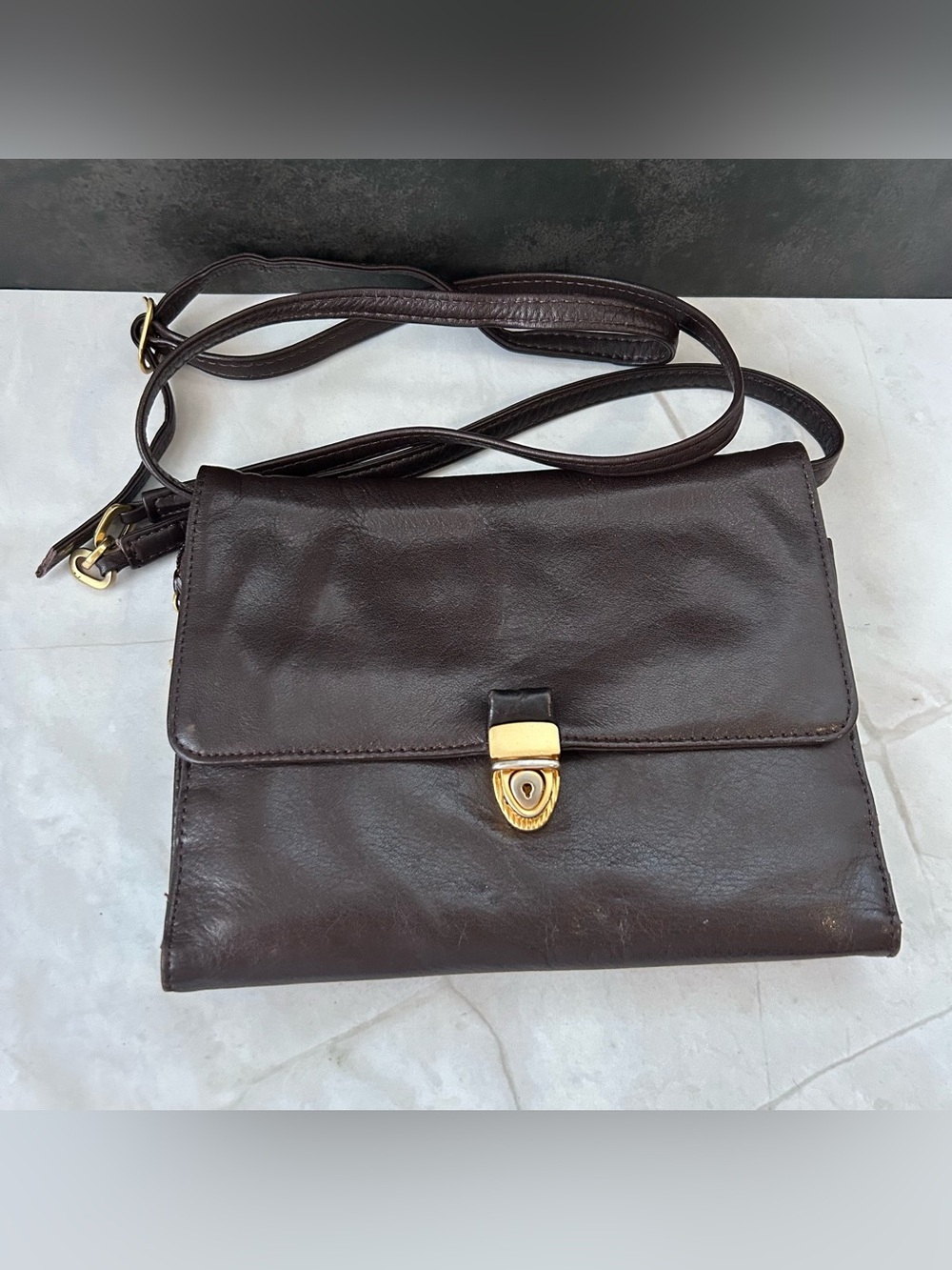 Perlina Dark Brown Leather Crossbody with Gold Clasp